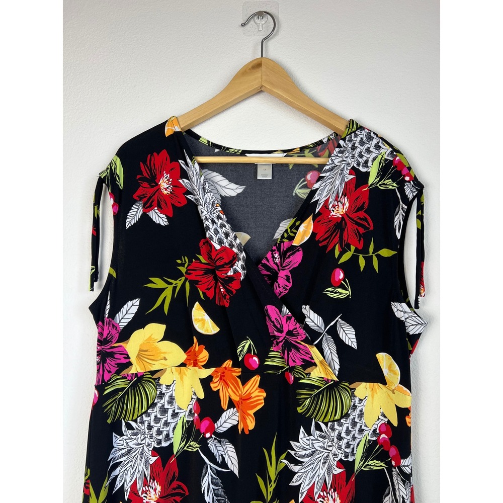 CJ Banks Tropical Floral Midi Dress 1X Black‎ Pineapple Fruit Faux Wrap Cruise - Picture 2 of 9